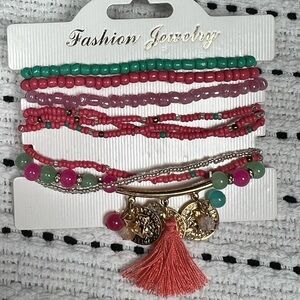 Boho Multi-Color Bead Bracelet Set,elastic stretch bracelets, charms,red tassel